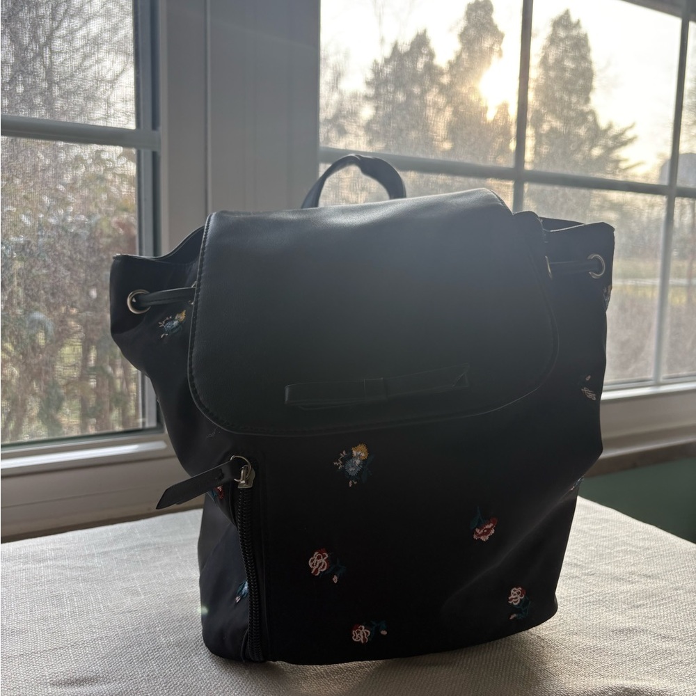 Black Leather Embroidered Small Backpack